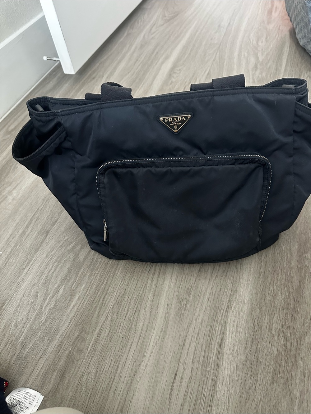 Prada Black Nylon Shoulder Tote baby bag with Front Zip Pocket and changing pad